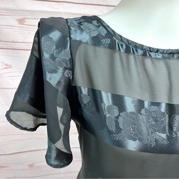 Vintage Satin Floral Striped Flutter Sleeve Ruffle Long Shift Cocktail Dress - Picture 4 of 12